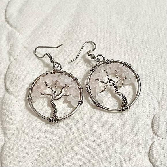 Tree of Life Rose Quartz Dangle Earrings - Picture 3 of 3